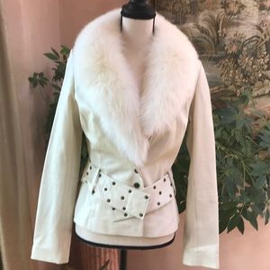 Cache white leather jacket with det collar